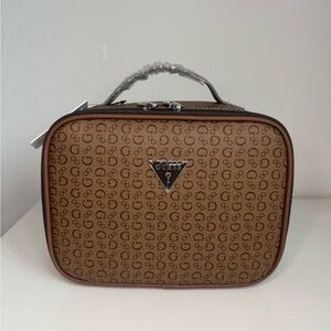 Guess Cosmetic Bag Brown Travel Makeup Case Logo Zip Organizer New With Tags